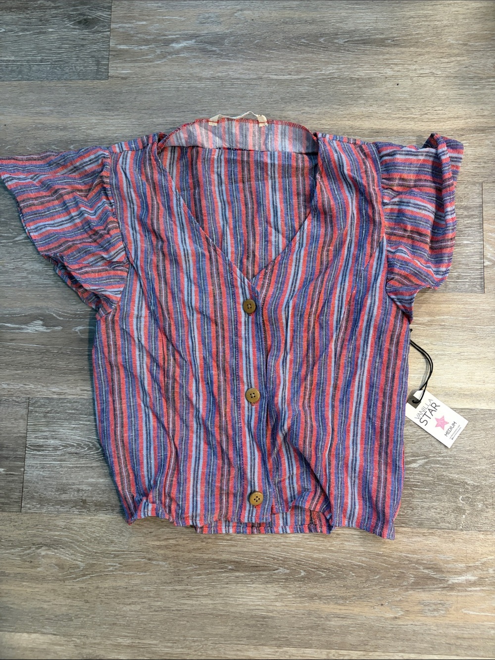 Vanilla Star Red and Blue Striped V-Neck Button Front Blouse